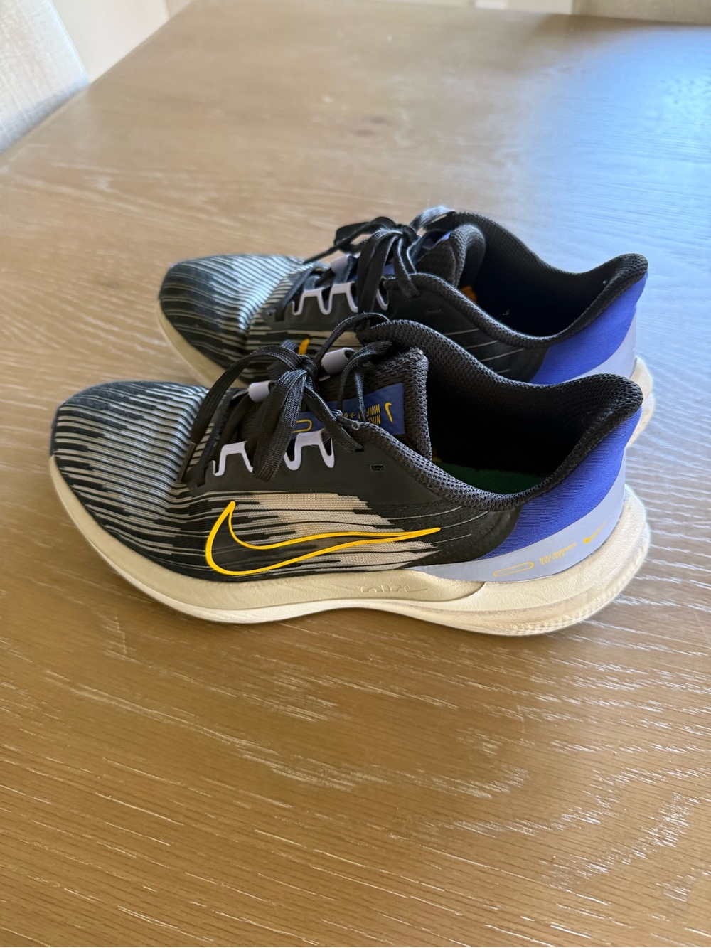 Nike Black Gray White Running Shoes with Yellow Swoosh and Purple Heel Collar